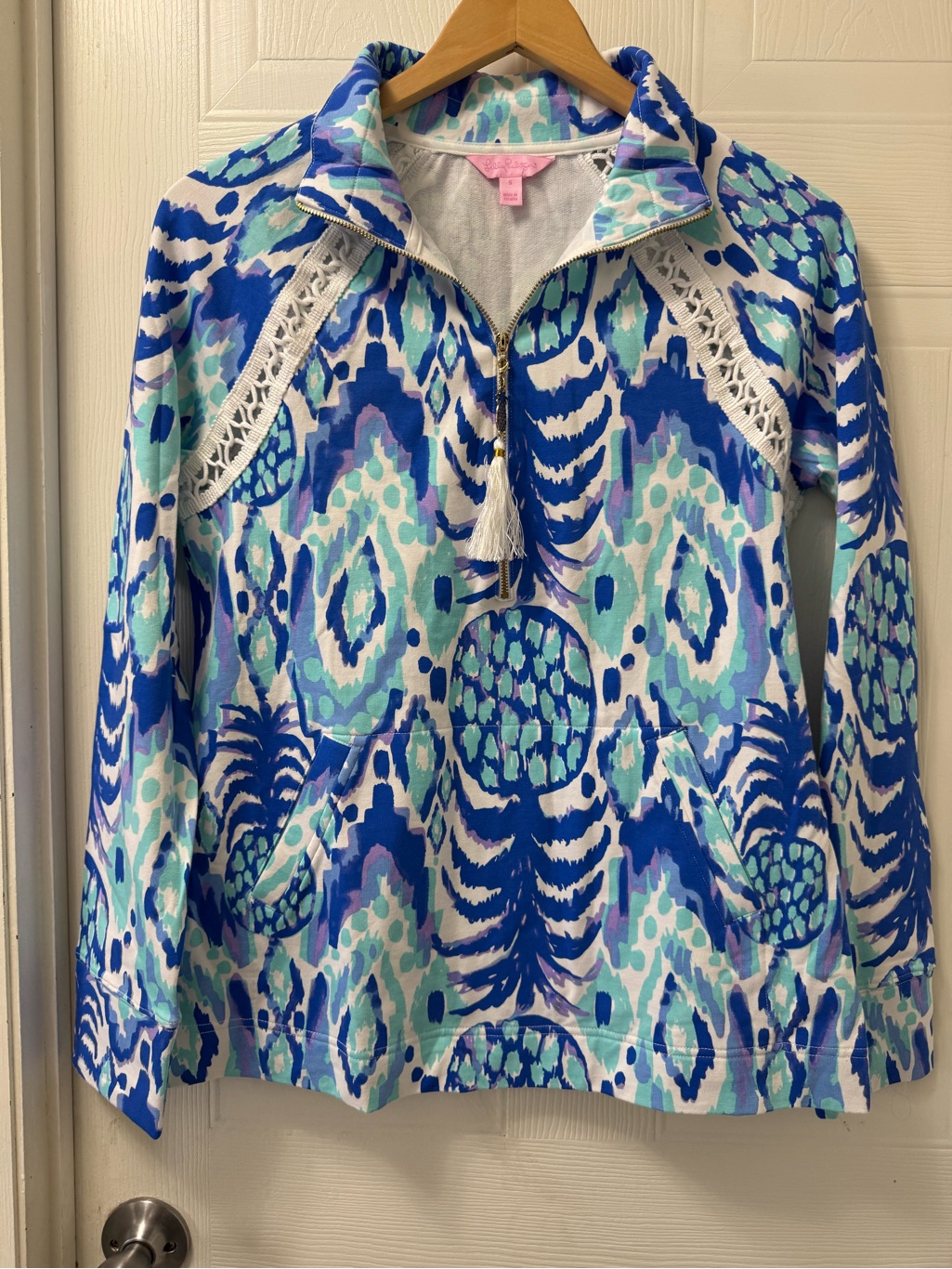 Colorful Blue & Aqua Printed Pullover With Tassel Zip